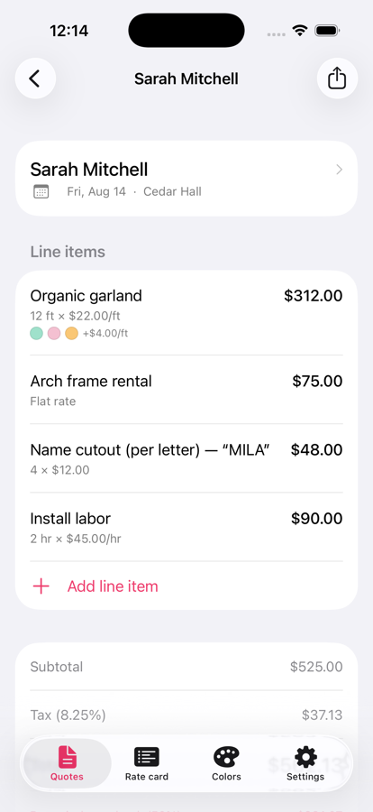 A PopPrice quote for Sarah Mitchell showing an organic garland at 12 ft by $22.00 per foot, an arch frame rental, a name cutout, and install labour.